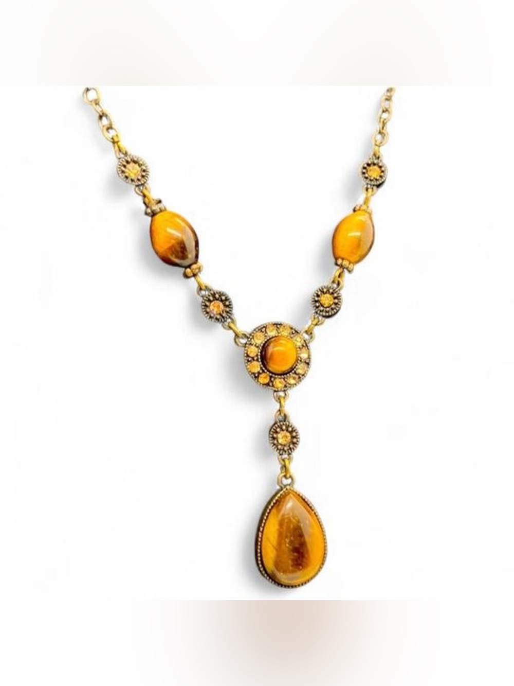 Vintage Avon tiger’s eye brass Y lariat necklace